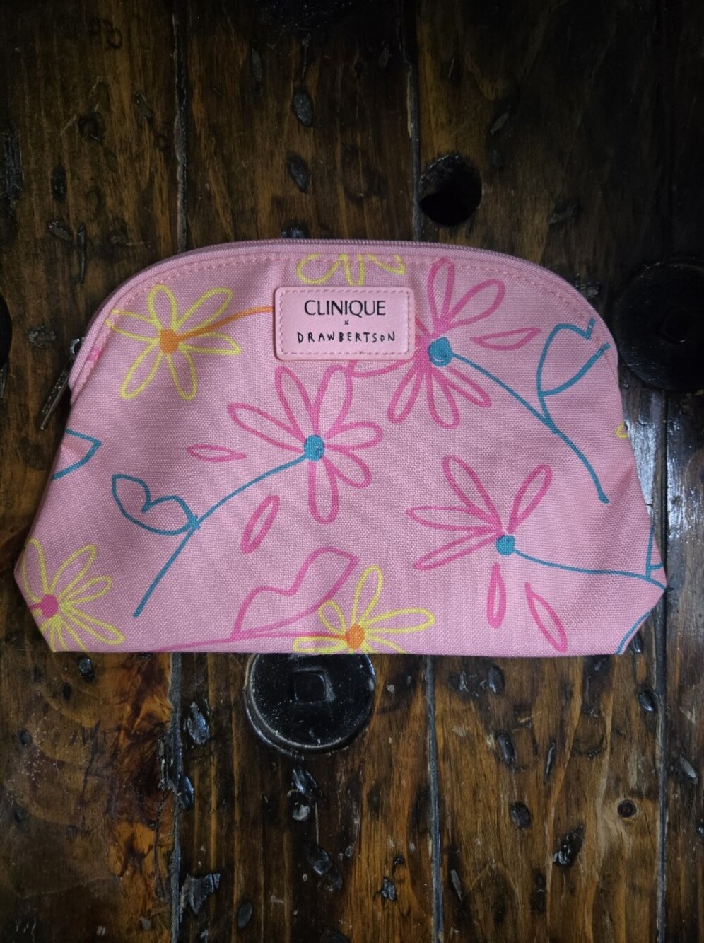 Clinique x Drawbertson Pink Floral Cosmetic Makeup Bag